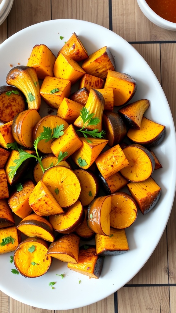 Oven-roasted yellow squash on a platter, garnished with parsley, on a rustic wooden table.